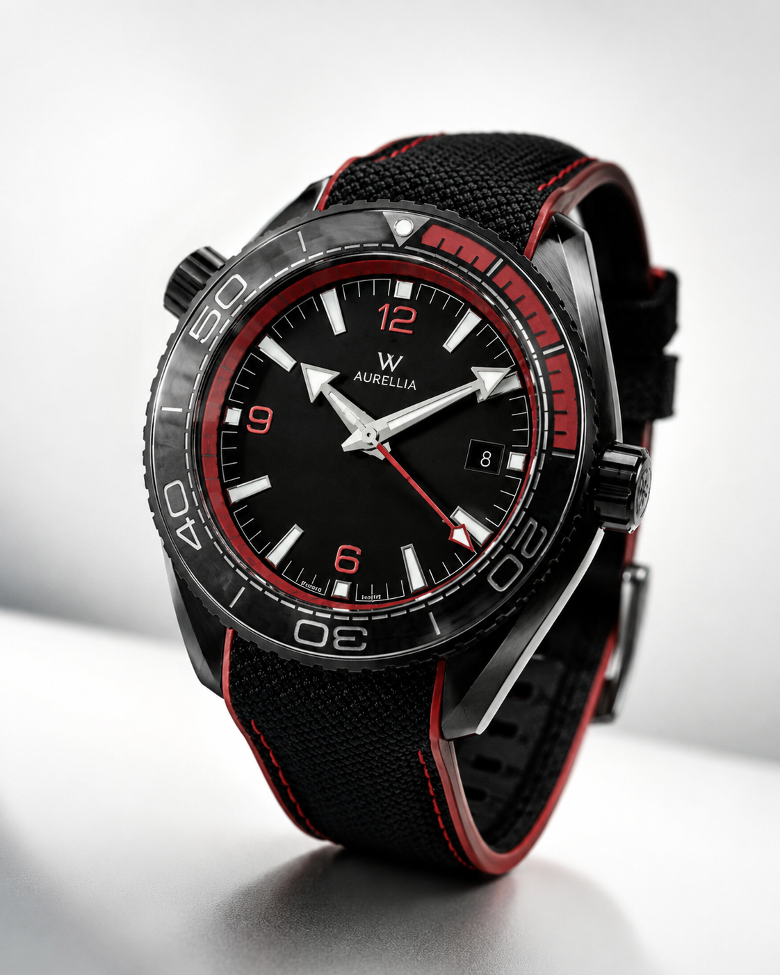 Men's Dual Time Diver with Dark Bezel and Ruby Toned Detail