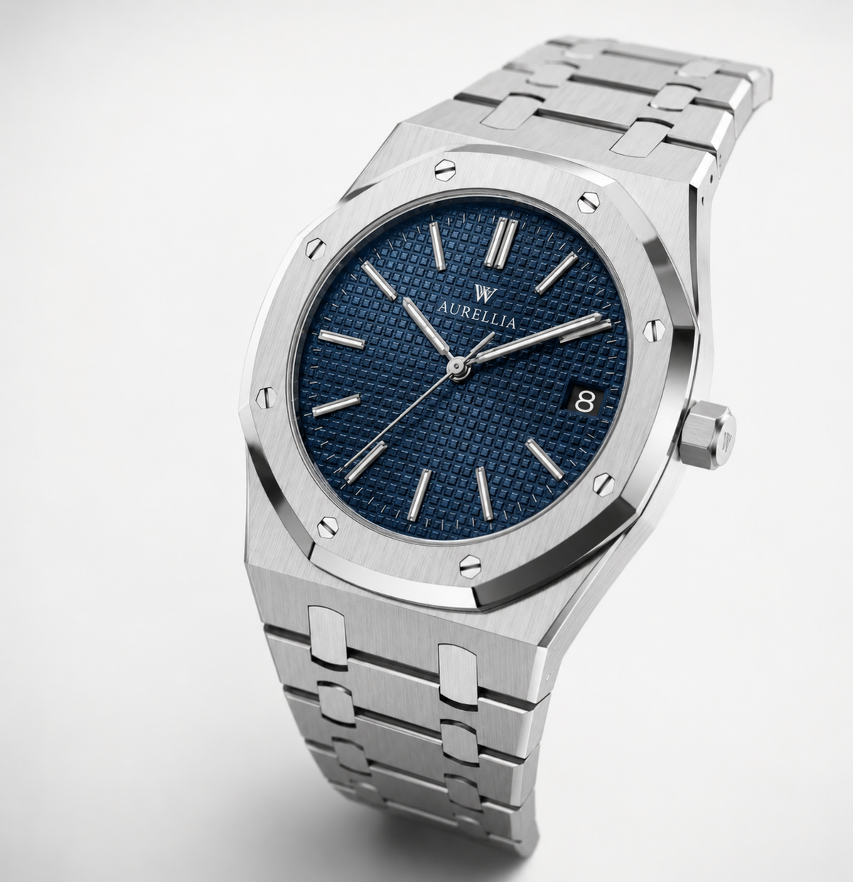 Men's Automatic Watch with Exposed Screw Bezel and Steel Links